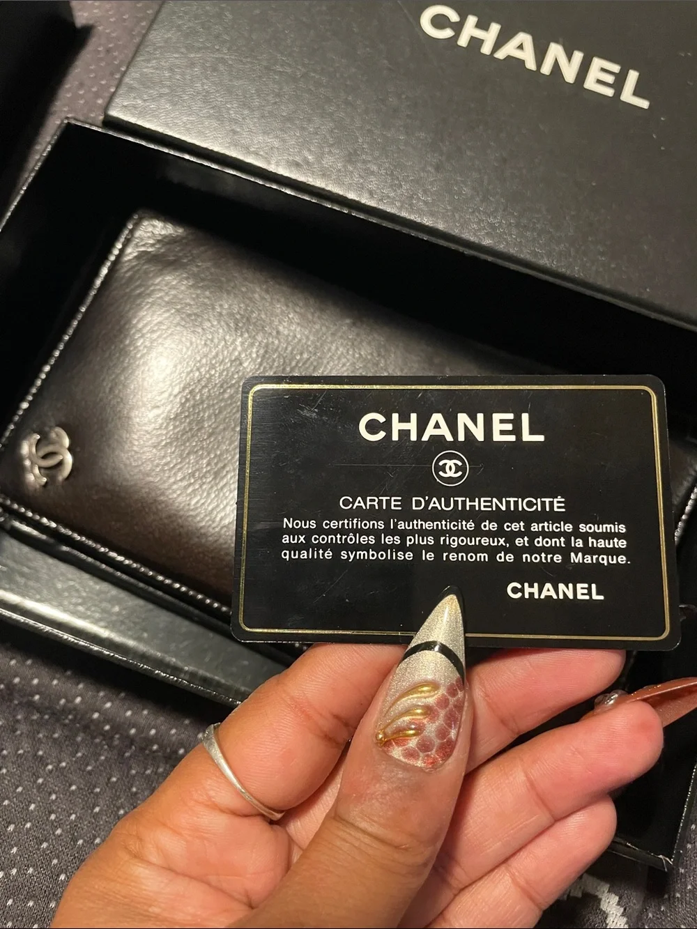Authentic CHANEL Black Leather Long Wallet with Silver CC Emblem